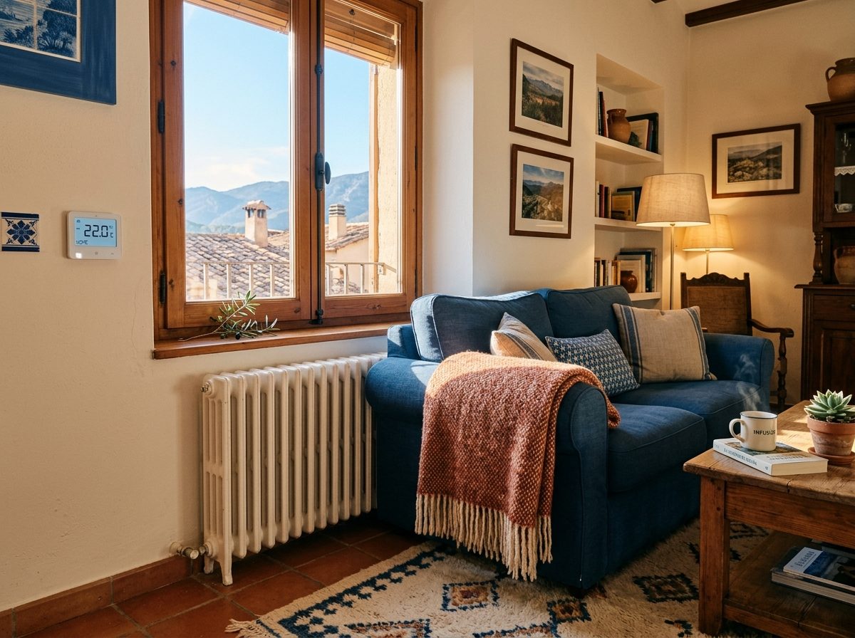 Salón acogedor con radiador y termostato en invierno
